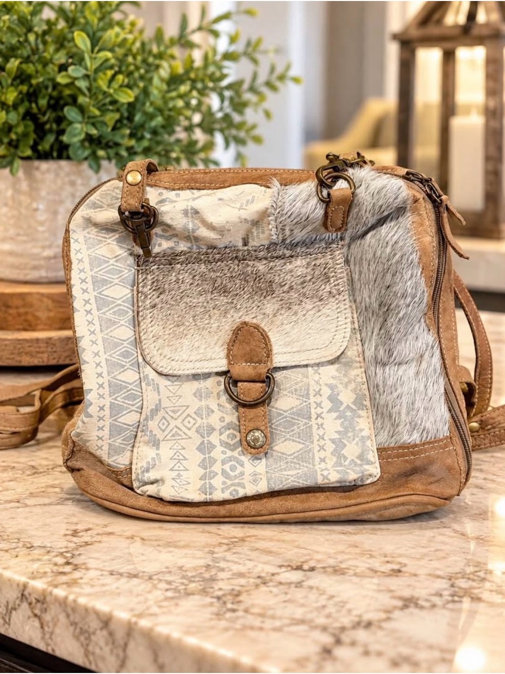 Boho Patchwork Crossbody Bag in Tan and Cream with Gray Fur Accent
